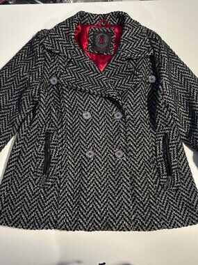 Dollhouse Black & White Herringbone Double-Breasted Pea Coat